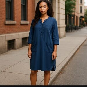 Zanzea Womens XXL Shift Dress Long Sleeve Pockets Midi Blue Silky Lightweight
